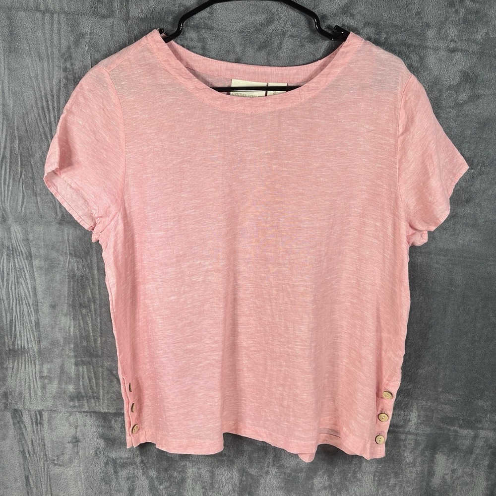 Cynthia Rowley 100% Linen Top L Pink Short Sleeve Pullover Button Hem Trim Shirt